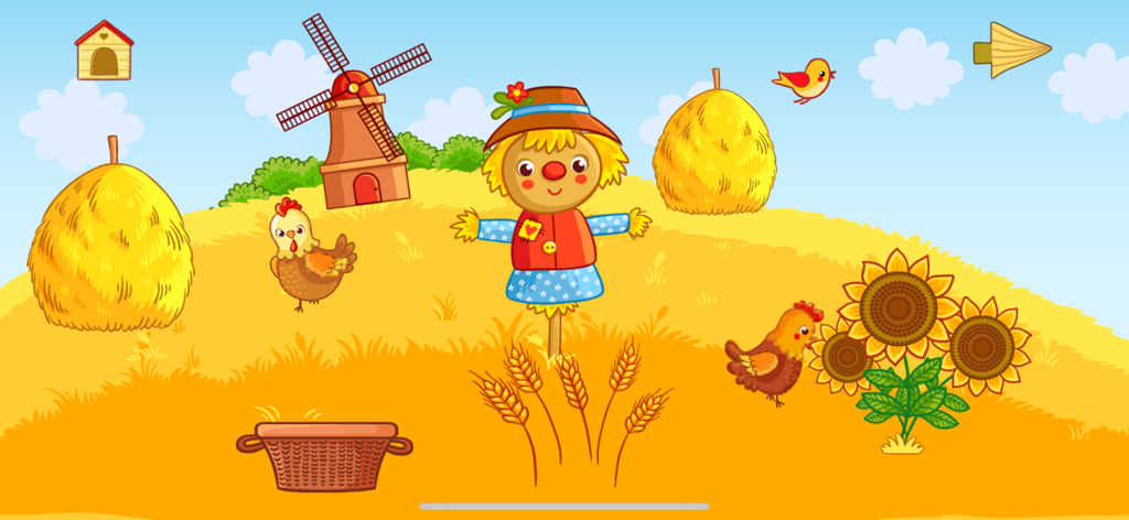Farm animal pet games for kids - Una colorida escena de campo de granja con un espantapájaros, pollos, girasoles y un molino de viento al fondo