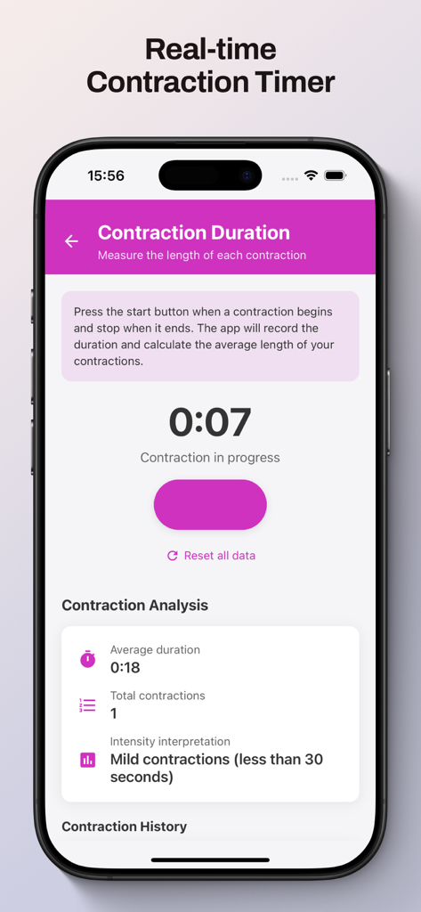 Obstetric Calculators - Real-time contraction timer screen in the Obstetric Calculators app showing duration analysis and intensity interpretation