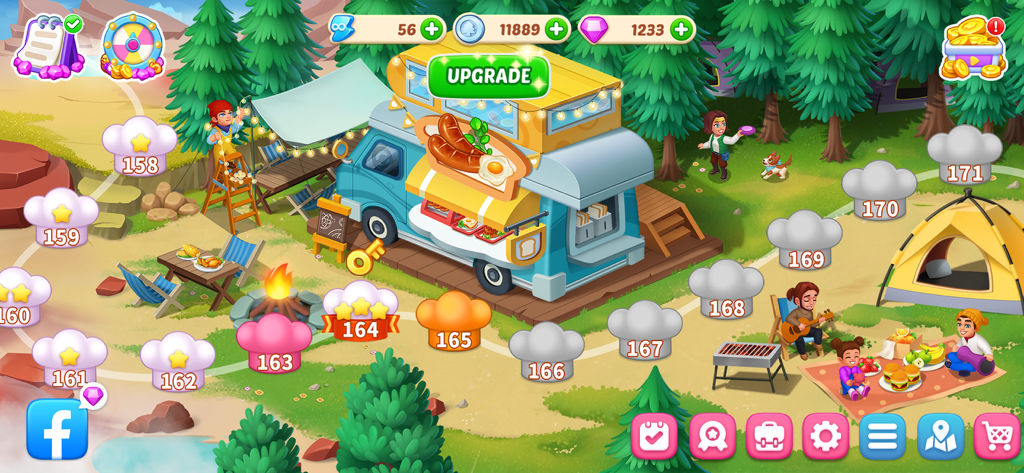 Level map of Cooking Diner Chef Game showing a camping themed food truck and player progress.