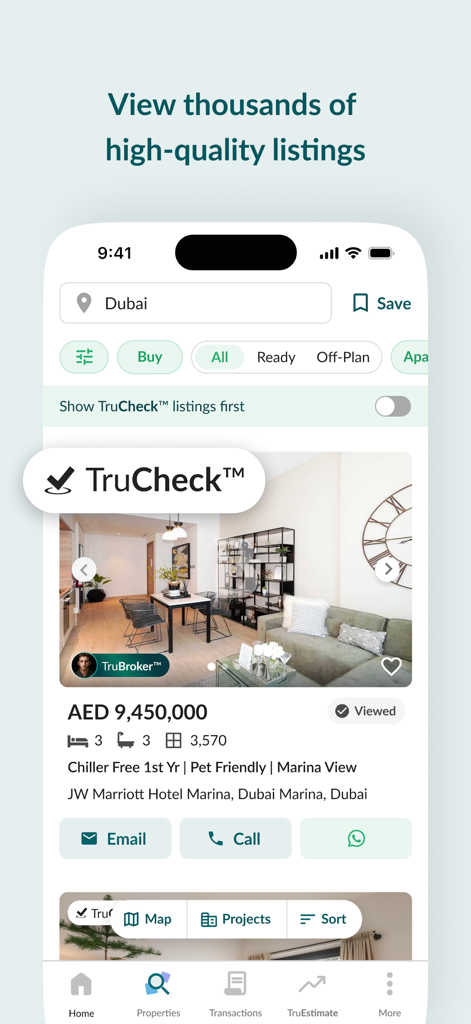 Bayut – UAE Property Search - Bayut app screenshot displaying high quality real estate listings in Dubai with TruCheck verification