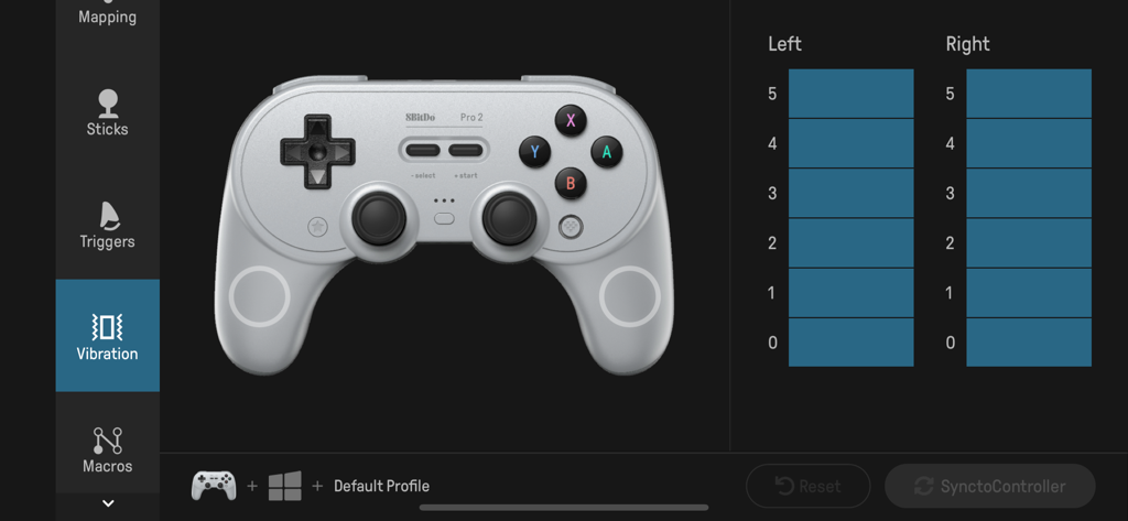 Interface of the 8BitDo Ultimate Software showing vibration intensity levels for the Pro 2 controller