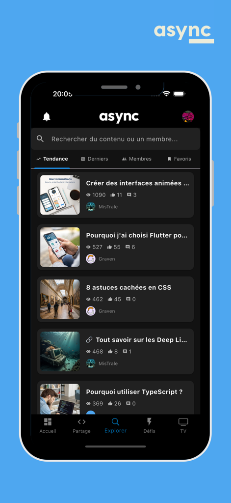 Async - Async app explorer interface showing trending developer tutorials and tech news