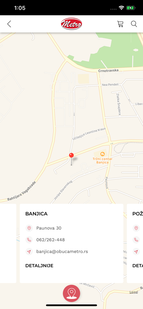 Obuca Metro app store locator screen with map and contact details for the Banjica location