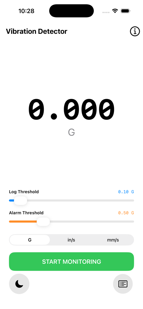 Vibration Detector app interface showing real-time G-Force monitoring and threshold adjustment sliders