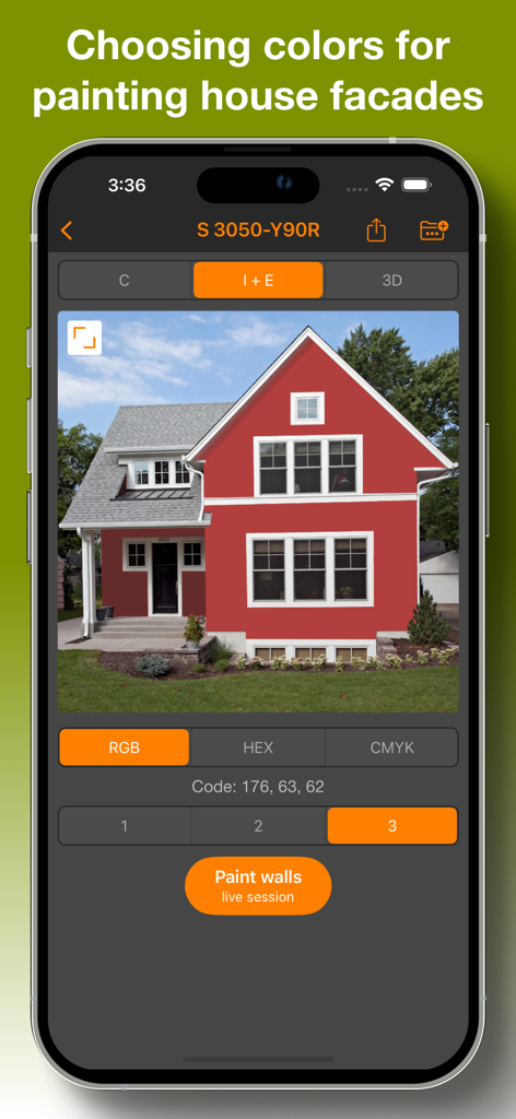 NCS color chart app showing red house facade painting visualization
