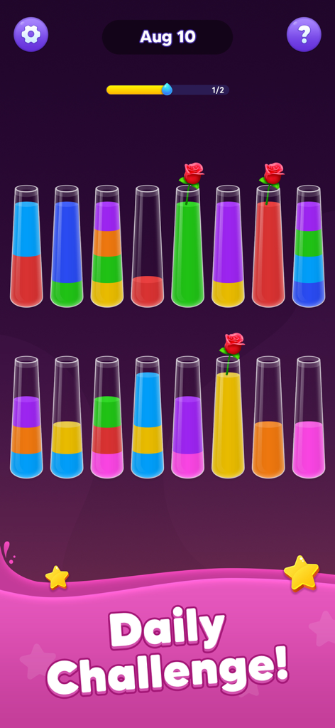 A mobile game screen from Water Sort Master showing test tubes with colorful liquids and roses as part of a daily challenge.