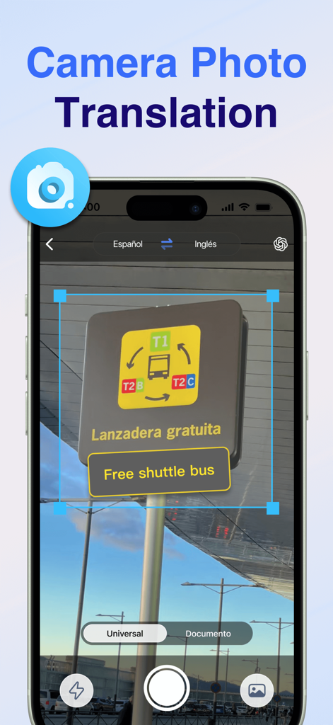 Voice Translate: AI Translator - La función de traducción de fotos con cámara de la aplicación Voice Translate AI mostrando una señal en español traducida al inglés