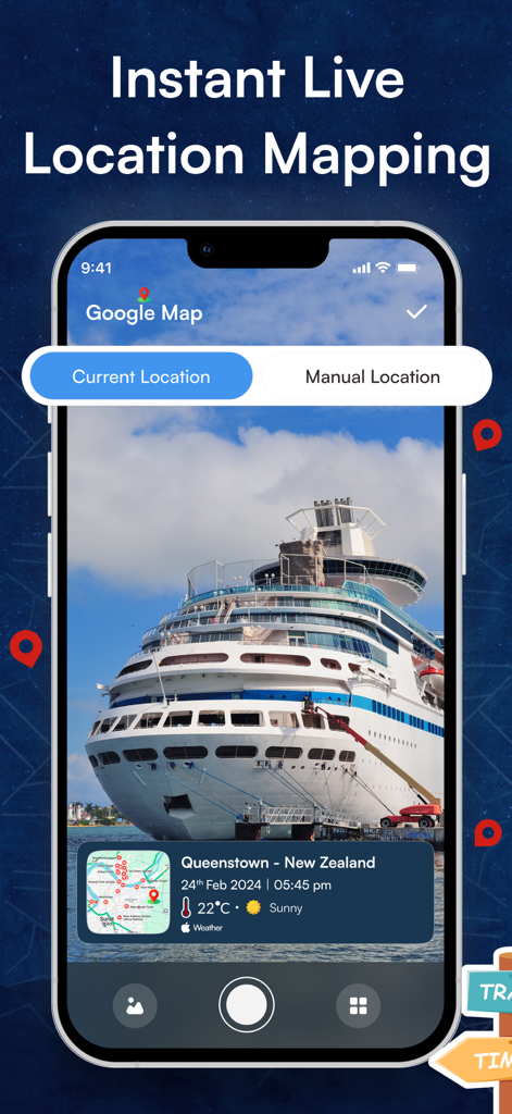 Timestamp Camera: GPS Stamp - Screenshot showing the Timestamp Camera app with a live GPS map overlay and weather data on a cruise ship photo