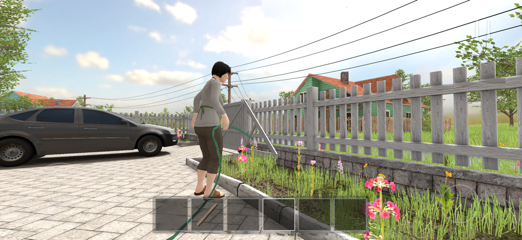 First-person view of the mother NPC watering flowers in a suburban garden in the game Schoolboy Runaway Stealth