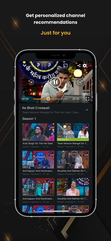 YuppTV - Live TV & Movies - YuppTV app personalized channel recommendations screen