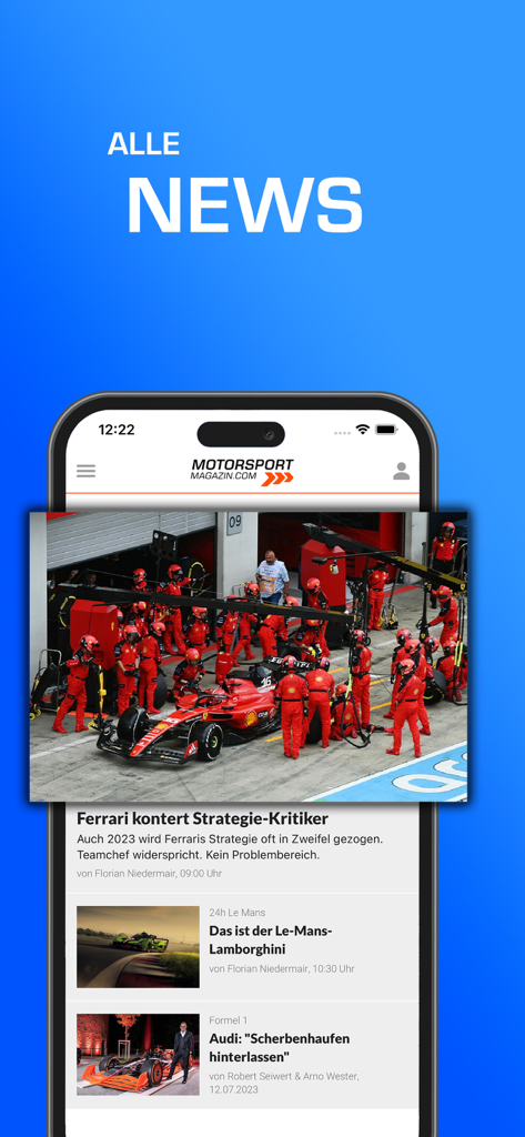 Motorsport Magazin: Formel 1 - Screenshot of the Motorsport Magazin app news feed featuring Formula 1 racing articles in German