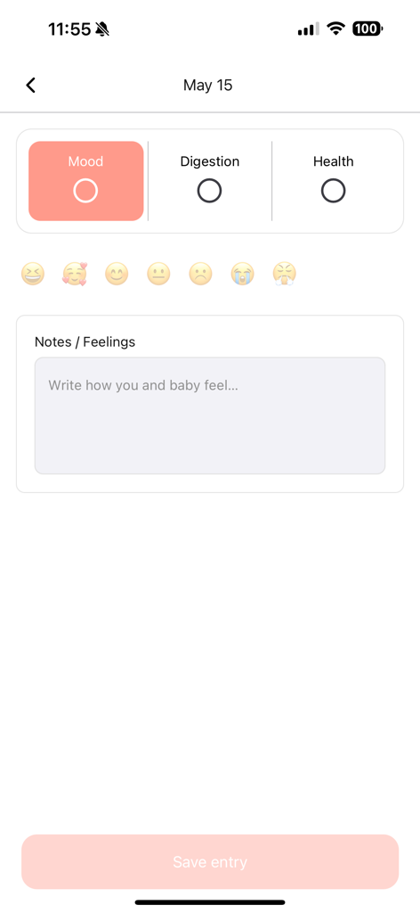 MamaNest - MamaNest app interface for tracking daily mood, digestion, health, and personal notes during pregnancy.