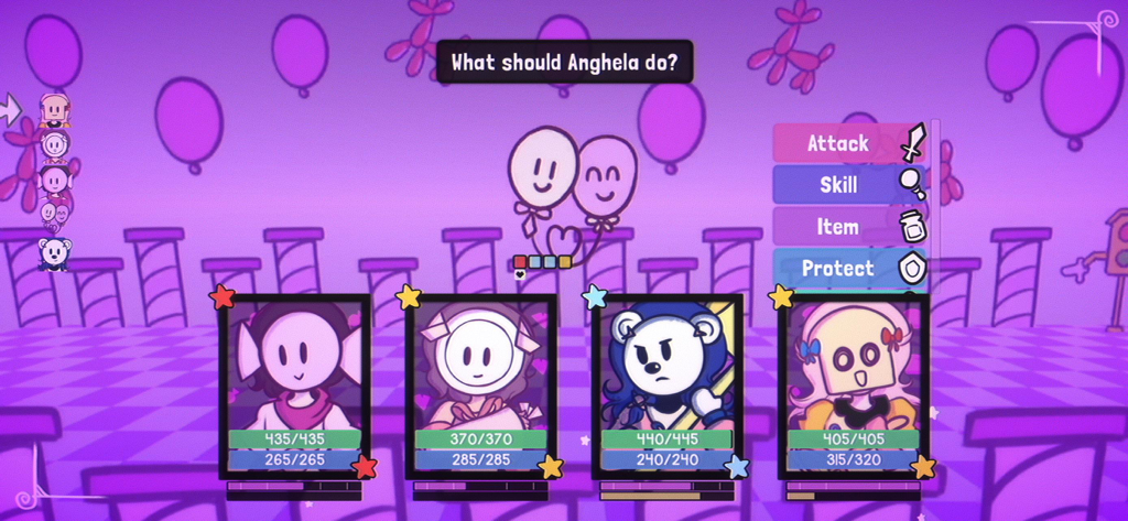 Sundy Stairway - Interfaz de batalla por turnos en Sundy Stairway con cuatro personajes y un menú de combate morado.