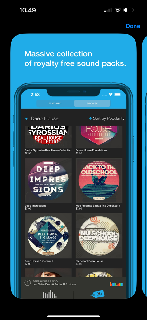 AudioCopy - Die Benutzeroberfläche der AudioCopy-App zeigt eine Sammlung professioneller, lizenzfreier Sound-Packs für die Musikproduktion