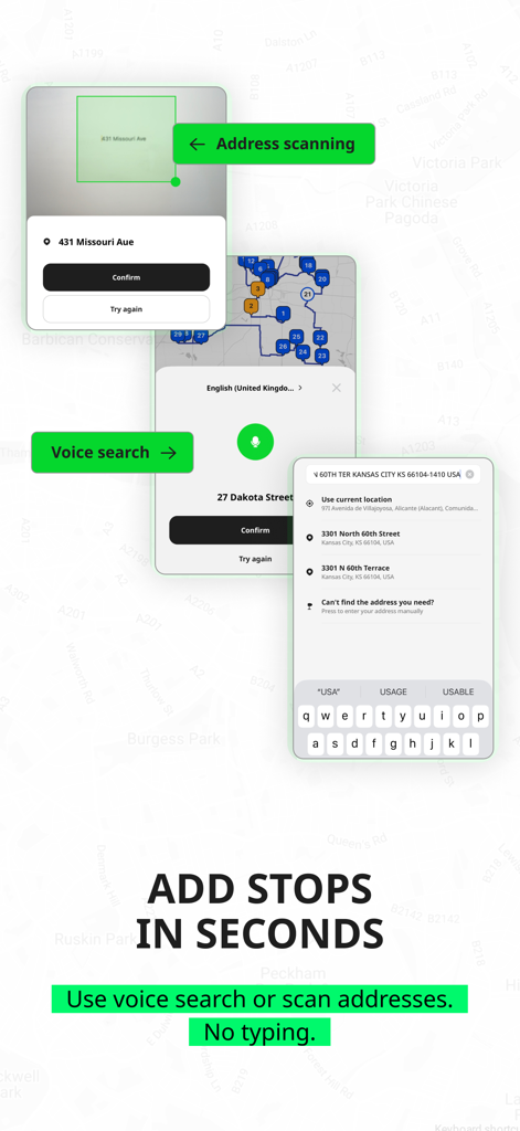 Geo2 Delivery Route Planner - Geo2 app screen showing voice search and address scanning features to add delivery stops