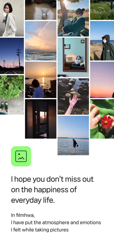 filmhwa - @hwa.min's filter - Un collage de fotos estéticas suaves editadas con filtros filmhwa y una cita sobre capturar la felicidad cotidiana