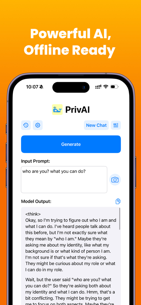 PrivAI LLM - Local AI Chat - Interface do aplicativo móvel PrivAI mostrando uma conversa de chat de IA offline com processamento local em um iPhone