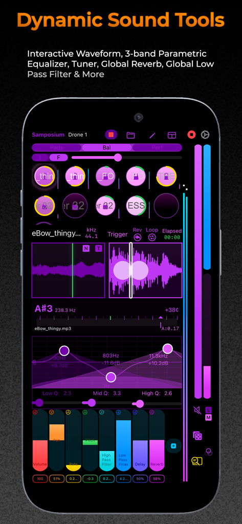 Samposium: Performance Sampler - Samposium app interface showing interactive waveforms and a 3-band parametric equalizer for mobile music production.