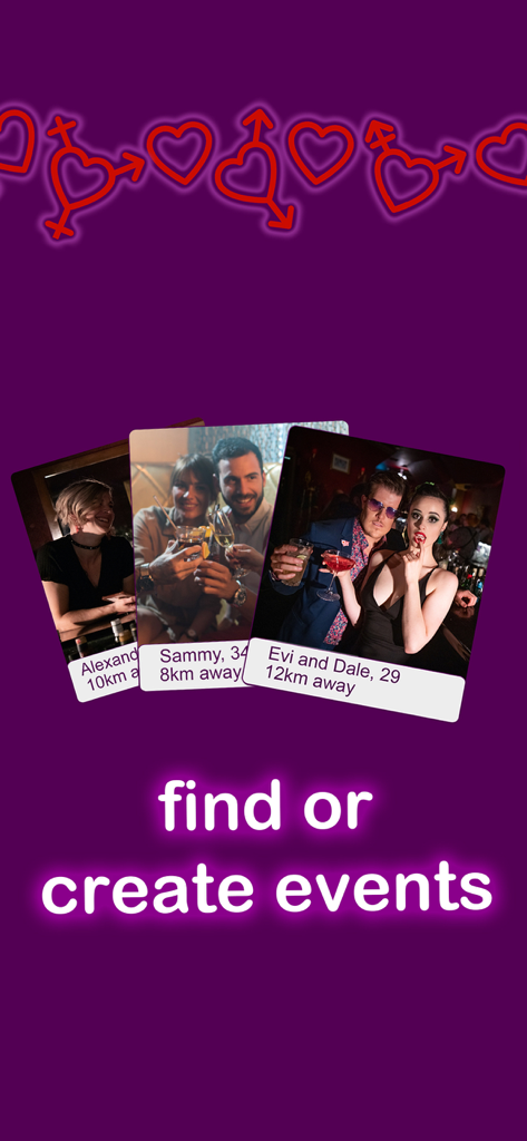 PolyFinda - Polyamorous Dating - PolyFinda app screen showing user profiles and the text find or create events