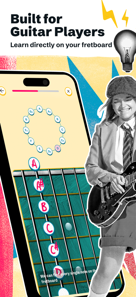 Music Theory by Justin Guitar - A smartphone showing the Music Theory by Justin Guitar app with an interactive guitar fretboard and note circle for music theory lessons.