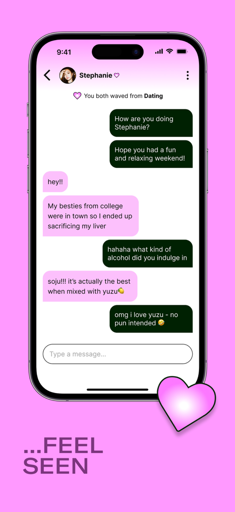 A messaging interface within the Yuzu app showing a casual conversation between two users on a pink background.