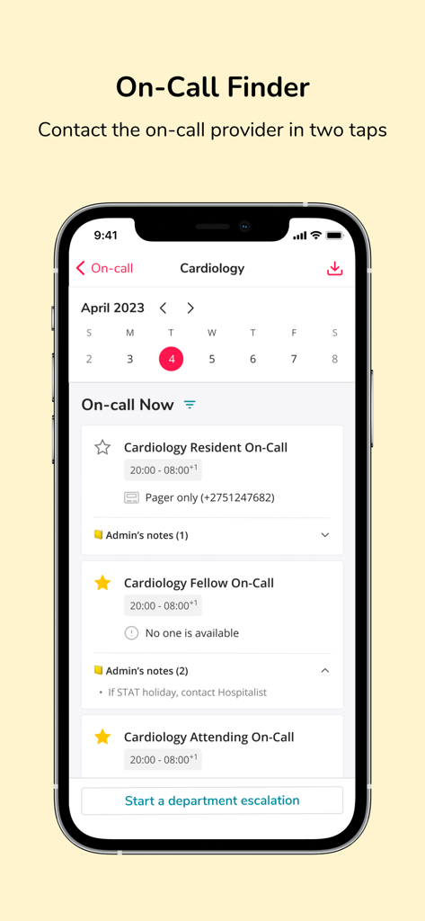 Hypercare-Messaging & On-Call - Hypercare mobile app interface showing the on-call finder for cardiology providers
