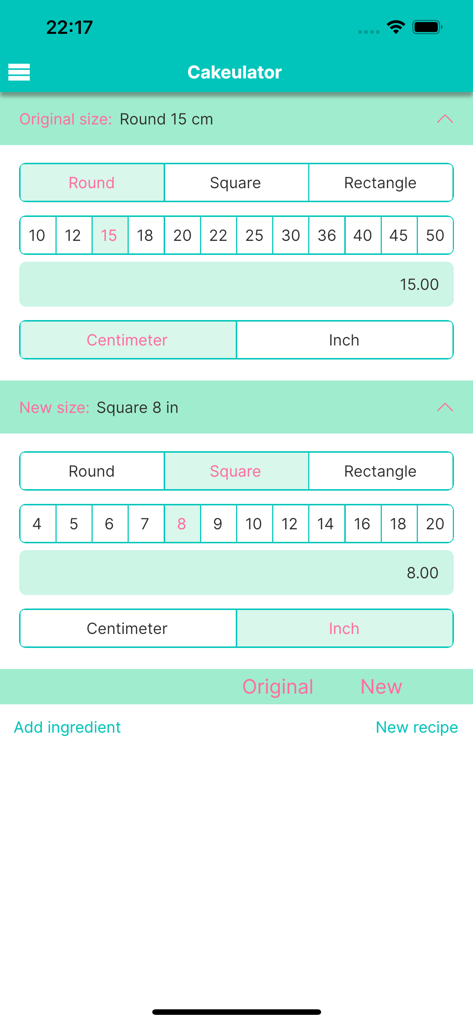 Cakeulator app interface showing conversion of recipe measurements from a 15 centimeter round pan to an 8 inch square pan