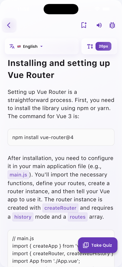 Learn Vue.js Complete Roadmap - Una pantalla de aplicación móvil que muestra una lección sobre cómo instalar y configurar Vue Router con instrucciones y un botón para realizar el cuestionario.