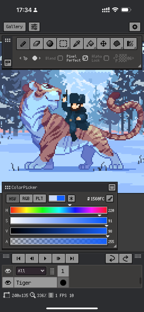 Resprite pixel art studio app interface showing a character riding a tiger in a snowy scene with a color picker and tool panels.