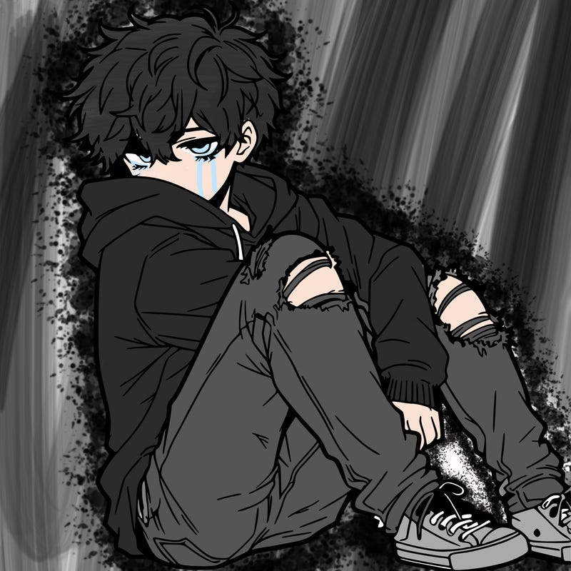 a male hoddie ripped jeans messy hair anime
