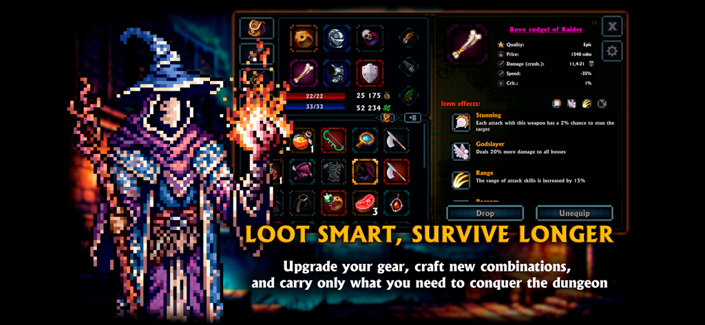 Un personaje de mago en pixel art junto a una pantalla de gestión de inventario que muestra estadísticas y objetos de equipo épico