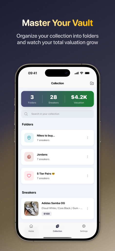 Sneaker AI - Shoe Identifier - Mobile app interface showing a sneaker collection vault with total valuation, folders for Jordans and Nikes, and individual shoe entries like Adidas Samba OG.