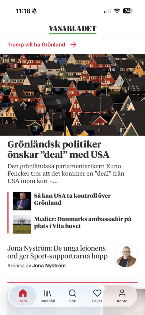 Vasabladet - Vasabladet mobile app home screen showing news articles in Swedish about Greenland and international relations