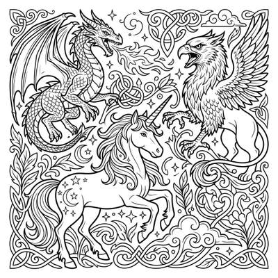 Unleash your creativity with this incredible mythical creature coloring page featuring a fierce dragon, a noble griffin, and a magical unicorn. Adorned with intricate patterns, this design offers endless hours of imaginative coloring fun for all ages.