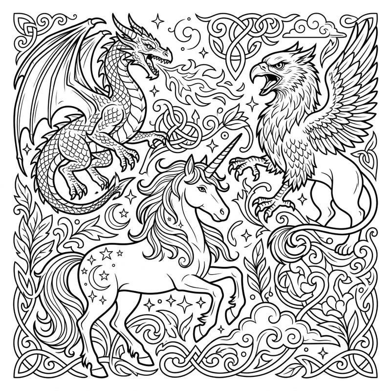 Unleash your creativity with this incredible mythical creature coloring page featuring a fierce dragon, a noble griffin, and a magical unicorn. Adorned with intricate patterns, this design offers endless hours of imaginative coloring fun for all ages.