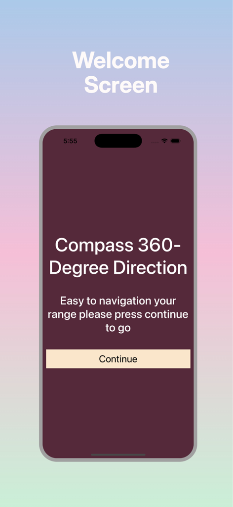 Welcome screen for Compass 360-Degree Direction app with minimalist design