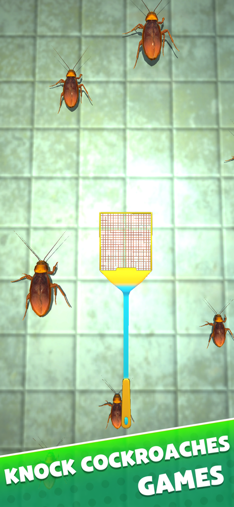 Antistress Relaxing Minigames - Un matamoscas golpeando cucarachas virtuales en un piso de baldosas en un minijuego antiestrés.