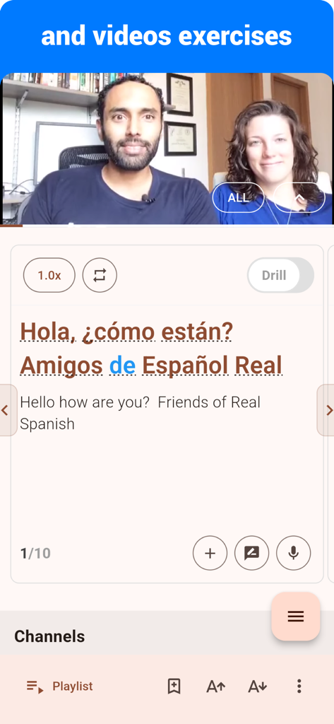 Spanish  - Listening Speaking - Interfaccia dell'app di apprendimento della lingua spagnola che mostra una lezione video con madrelingua e strumenti di pratica di conversazione.