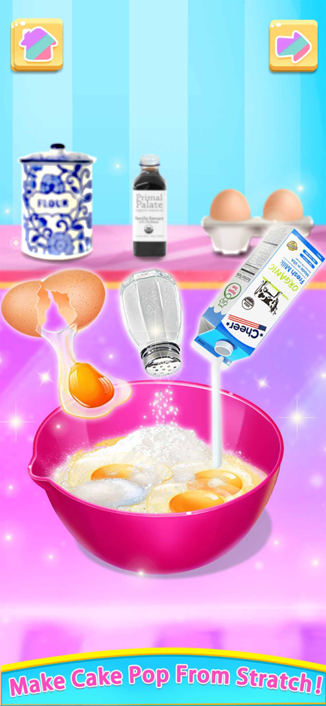 Cake Games: Cupcake Food Games - Interactive cooking game screen showing milk, eggs, and salt being added to a pink mixing bowl to bake cake pops.