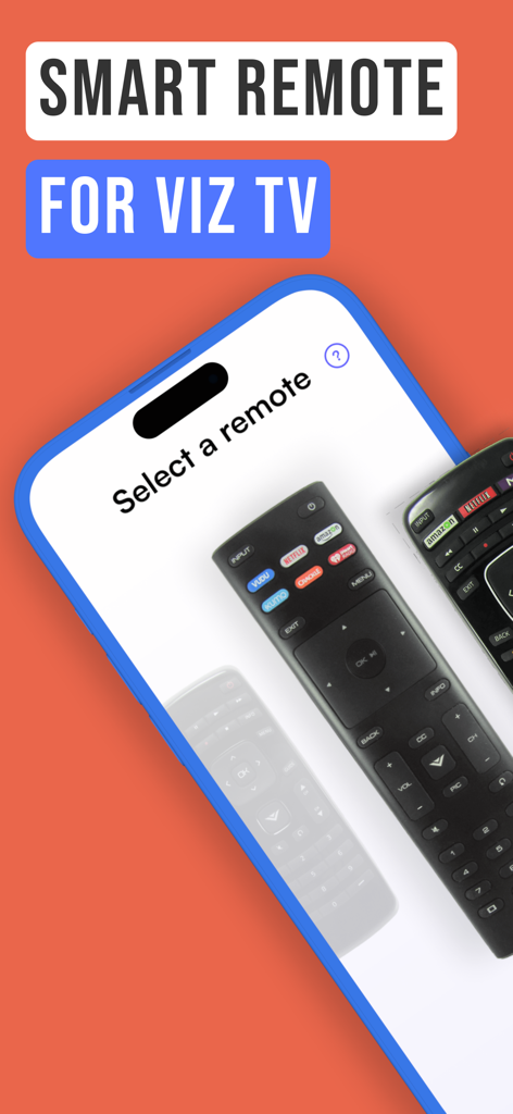 Smartphone screen showing the Viz app interface to select a Vizio TV remote model.