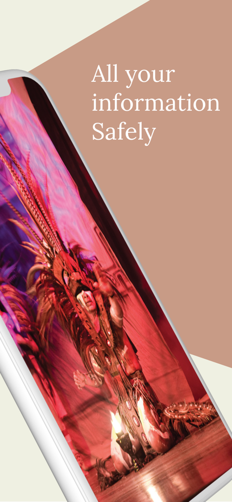 Una schermata dello smartphone dall'app The Excellence Collection che mostra una performance di danza culturale con la didascalia Tutte le tue informazioni al sicuro.