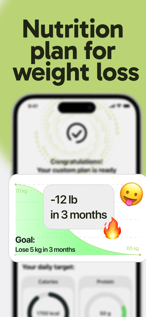 Food Calorie Tracker: Holli AI - A personalized nutrition plan for weight loss in the Holli AI app showing a goal to lose 12 lb in 3 months with a weight tracking graph.