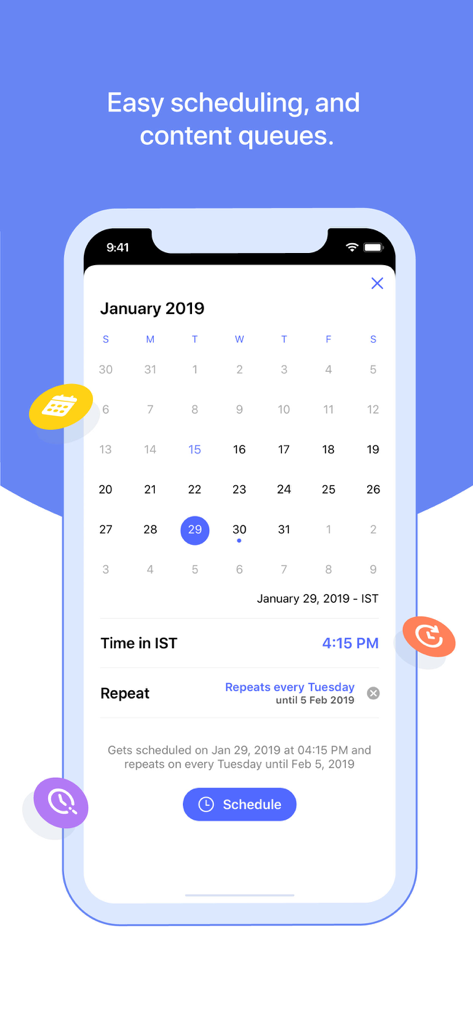 Zoho Social mobile app interface for scheduling social media posts with a calendar view