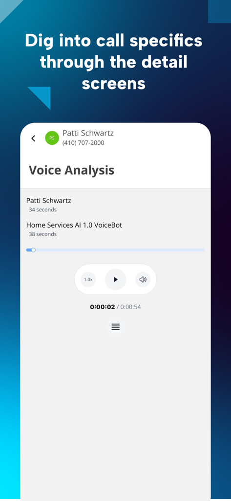 CTM Phone - CTM Phone 앱 음성 분석 화면으로 통화 녹음 재생 인터페이스 표시