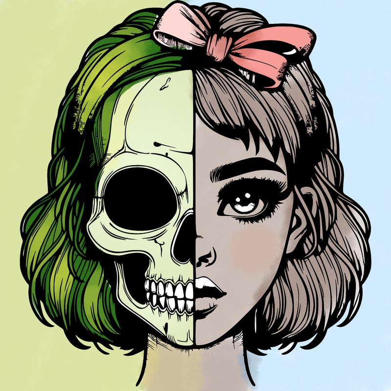 realistic girl with half skull mask