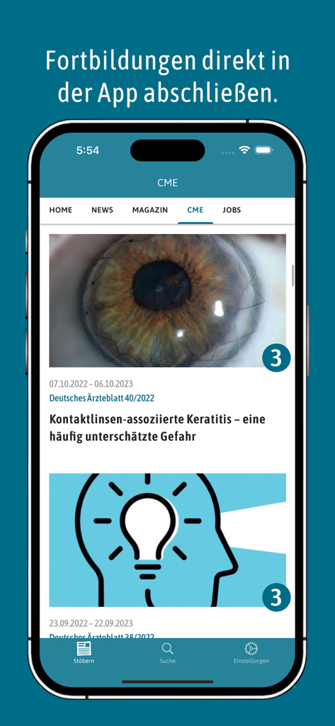 Deutsches Ärzteblatt - Bildschirm der Deutsches Ärzteblatt App mit Artikeln zur medizinischen Fortbildung und CME-Kursen.