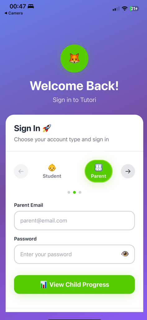 Tutori - Tutori app sign in page showing the parent account login options and a button to view child progress
