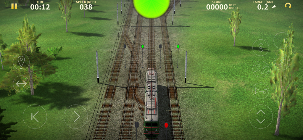 Electric Trains - Third person view of a locomotive approaching railroad switches and green signals in the Electric Trains game