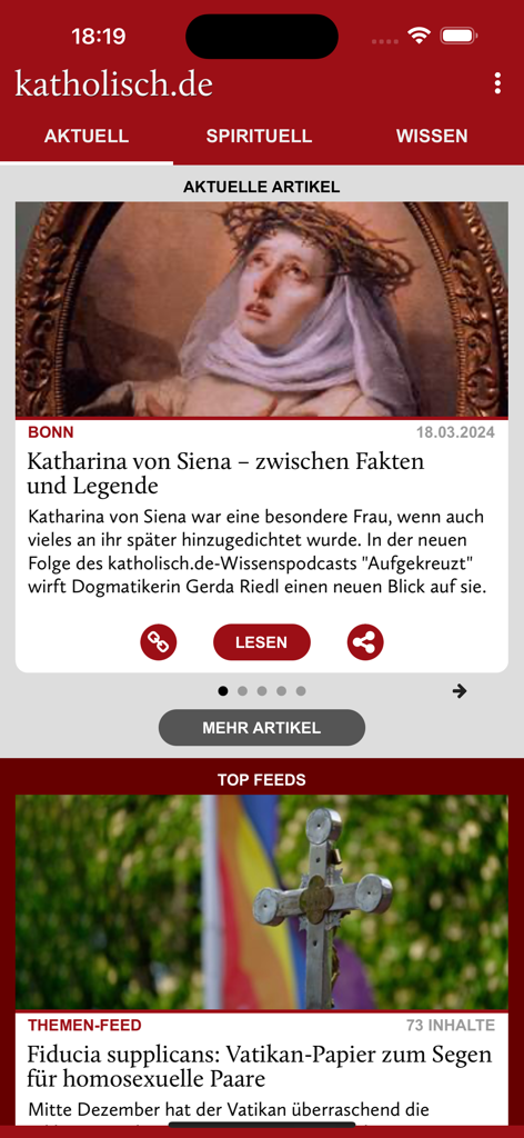 katholisch.de - Interface do aplicativo katholisch.de mostrando artigos de notícias católicas e categorias espirituais