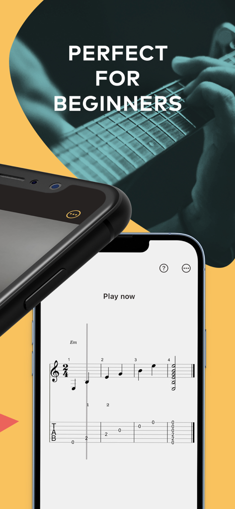 Fretello Guitar Lessons - Fretello app interface showing guitar sheet music and tablature for beginners